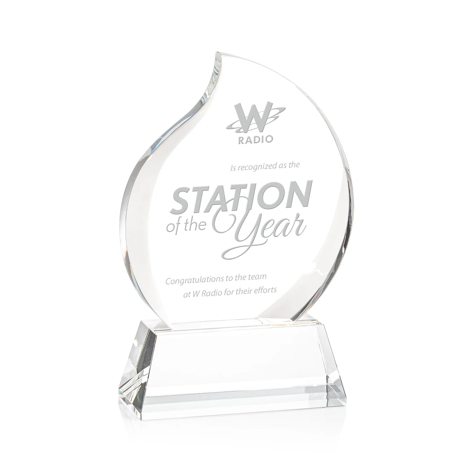 Custom Optical Crystal Flame Award With a Full-Color Printed Base for corporate award ceremonies