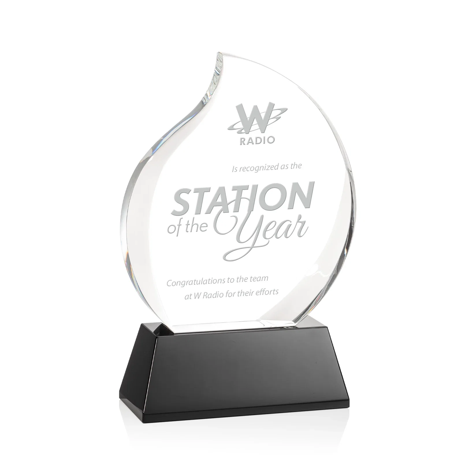 Custom Optical Crystal Flame Award With a Full-Color Printed Base for service anniversary gifts