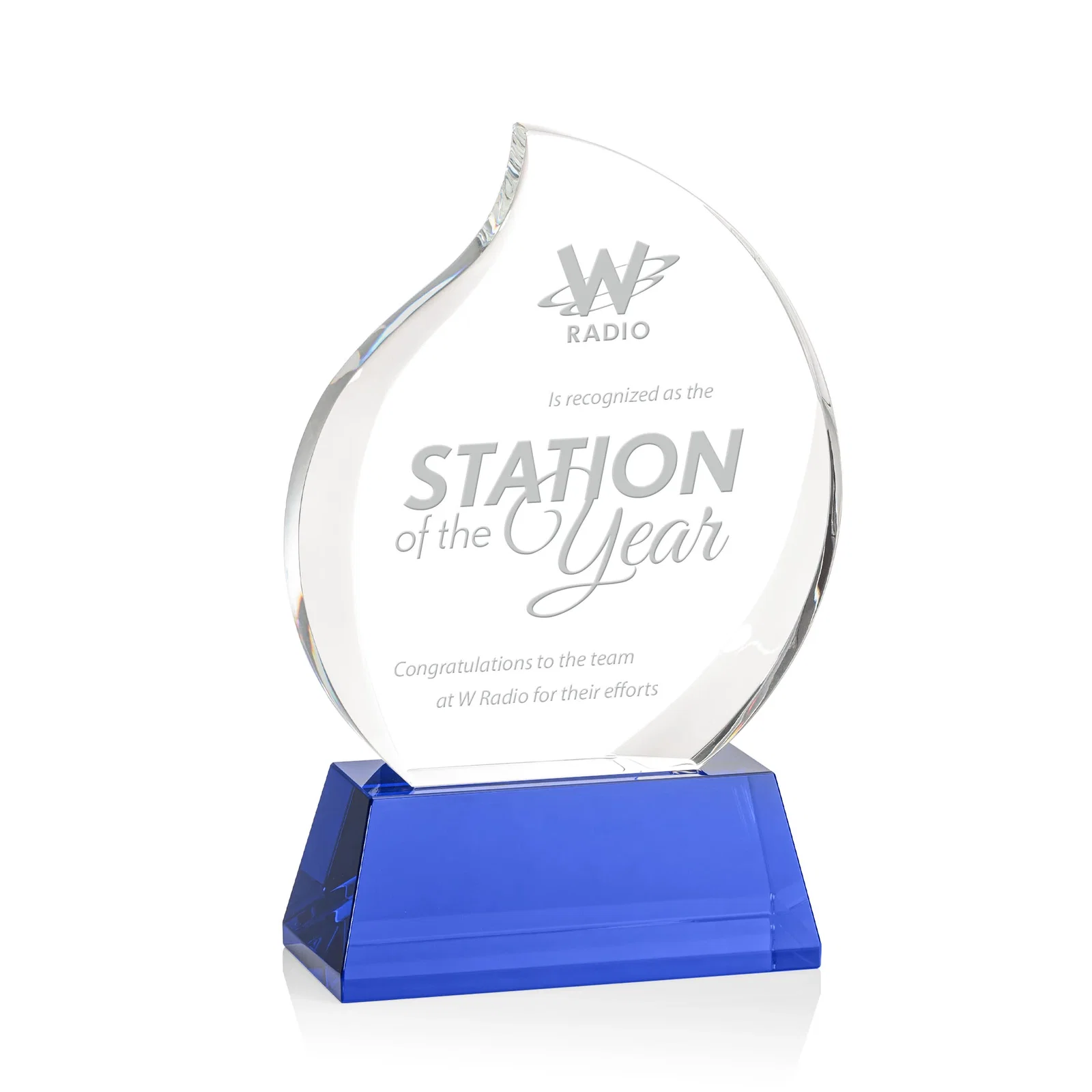 Custom Optical Crystal Flame Award With a Full-Color Printed Base for sales achievement awards