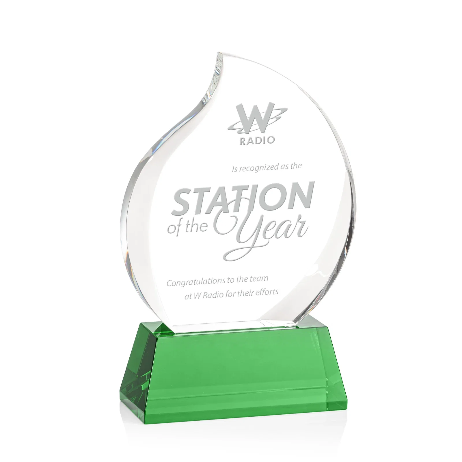 Custom Optical Crystal Flame Award With a Full-Color Printed Base for retirement presentations