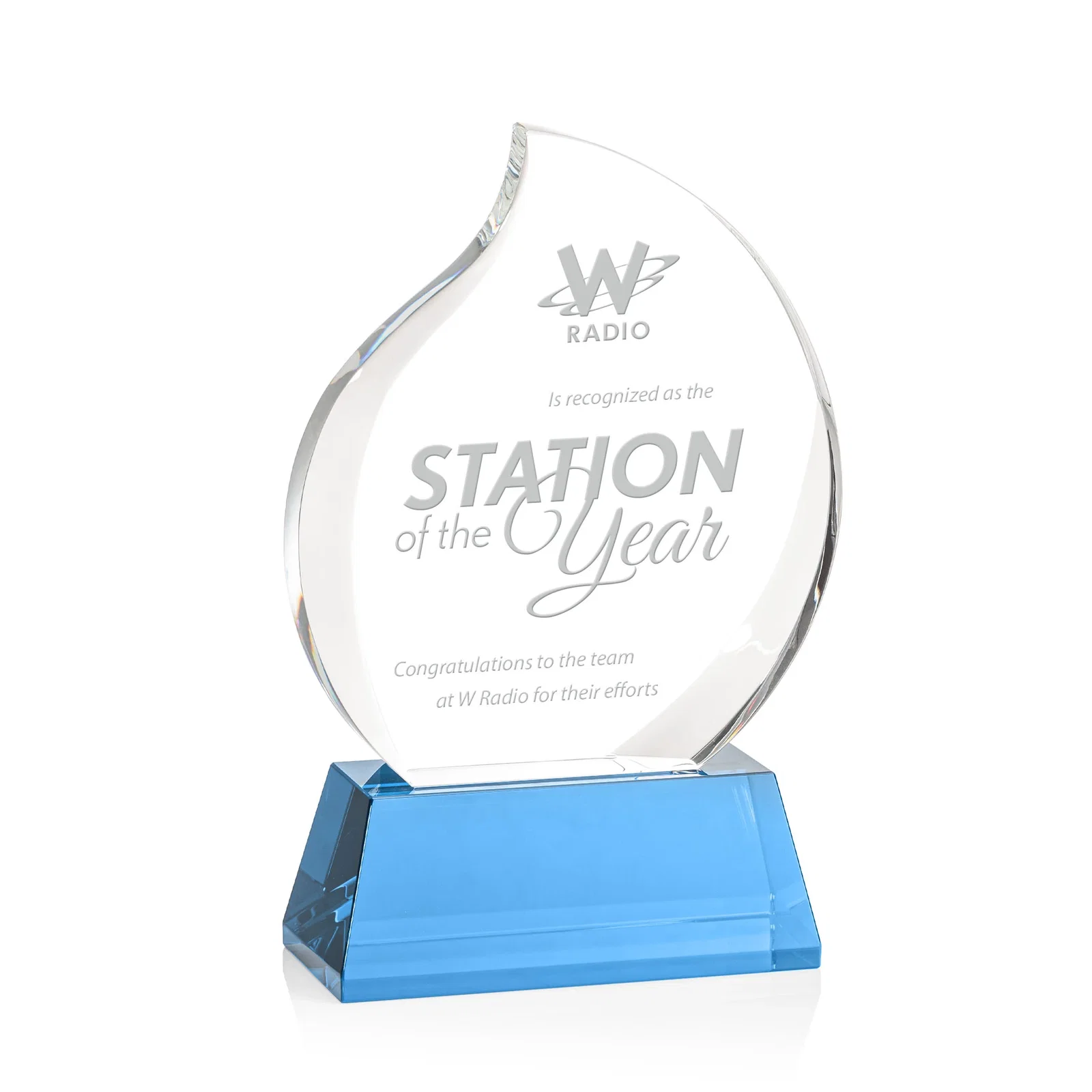 Custom Optical Crystal Flame Award With a Full-Color Printed Base for team milestone celebrations