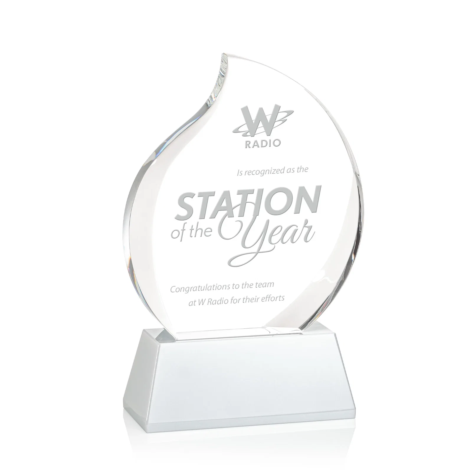Custom Optical Crystal Flame Award With a Full-Color Printed Base for donor appreciation