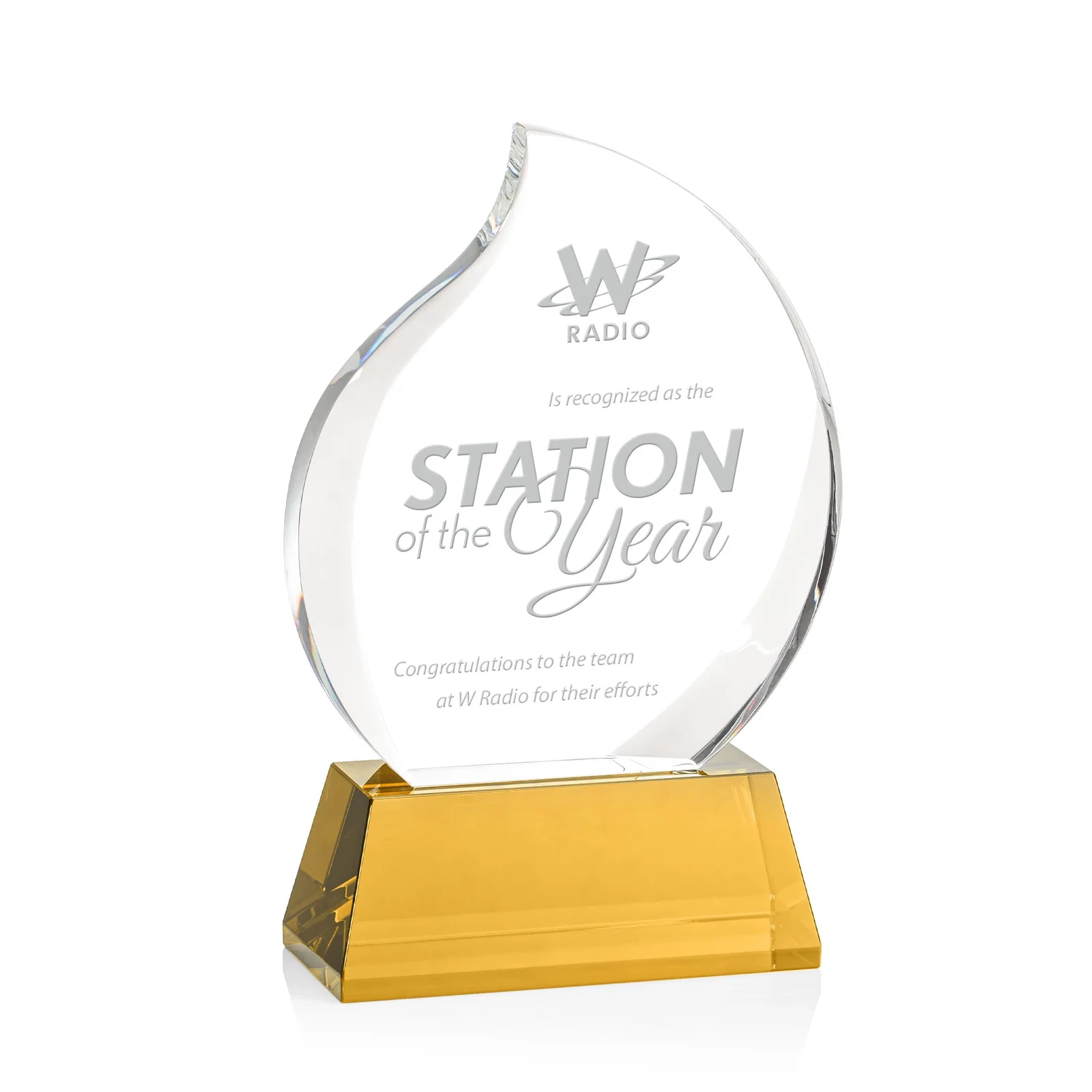 Custom Optical Crystal Flame Award With a Full-Color Printed Base for graduation ceremonies
