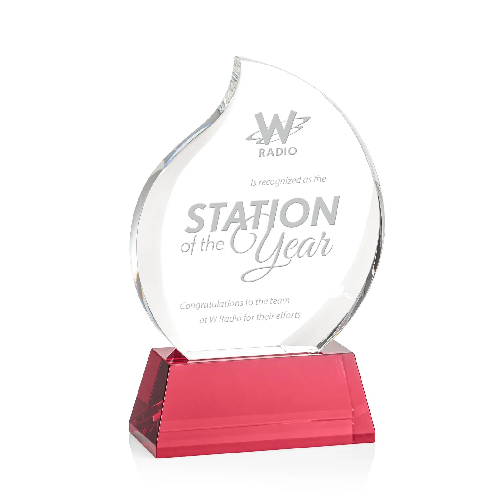Custom Optical Crystal Flame Award With a Full-Color Printed Base for safety achievement programs