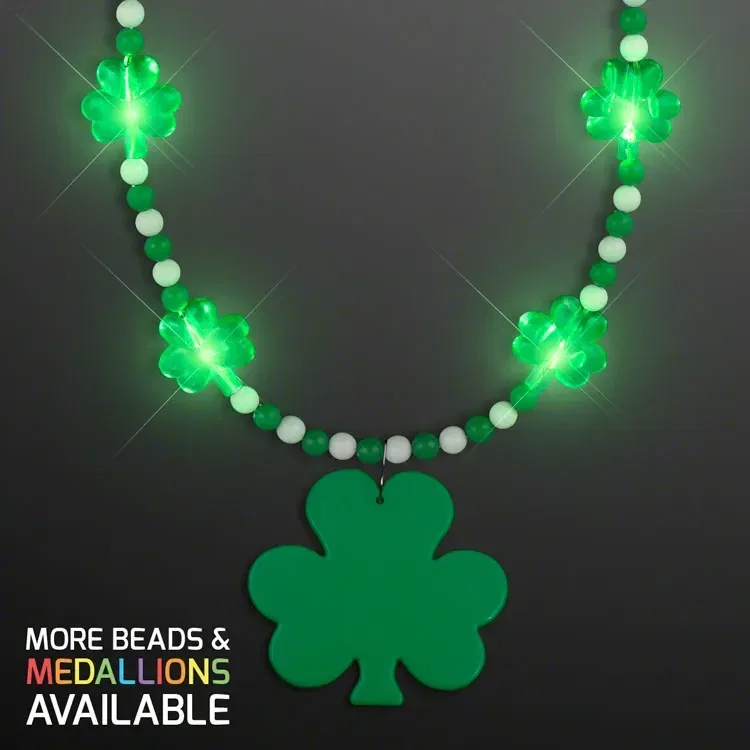 Pretty Light Up Shamrock Bead Necklace with Medallion — view 3