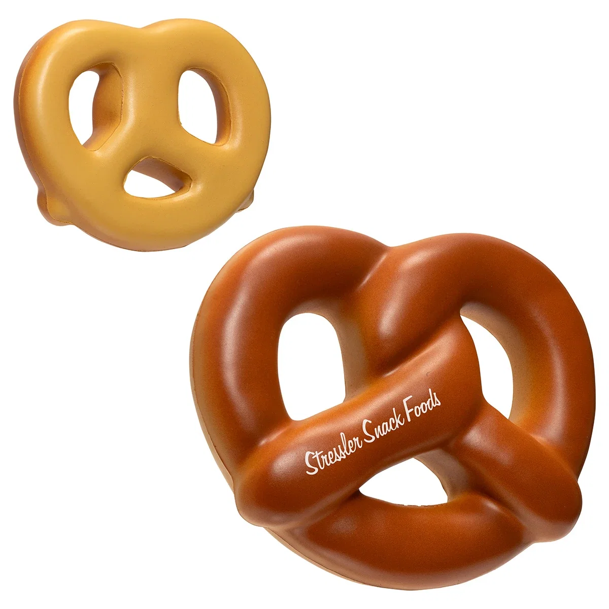 Custom Pretzel Stress Reliever, front view of the branded pretzel-shaped stress ball