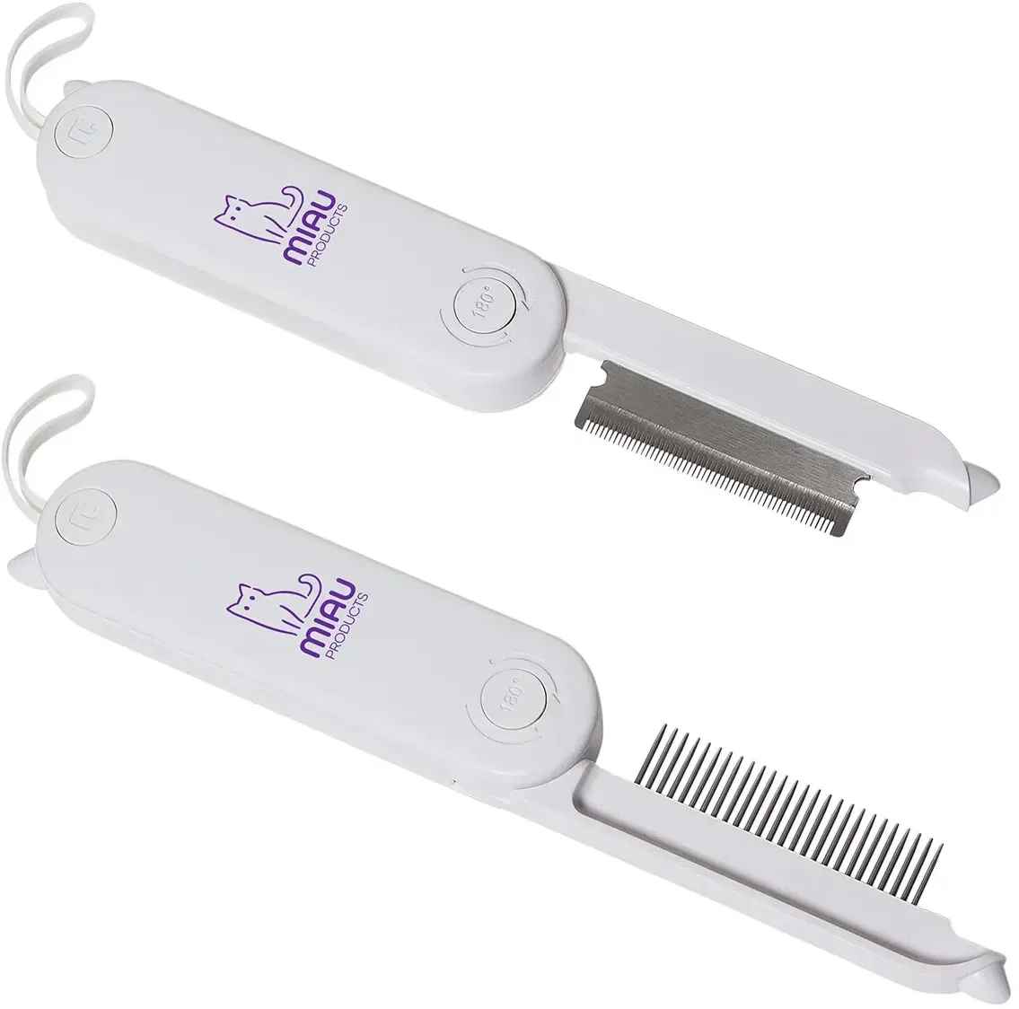Branded Prim pet grooming comb handle close-up, imprint area for a logo