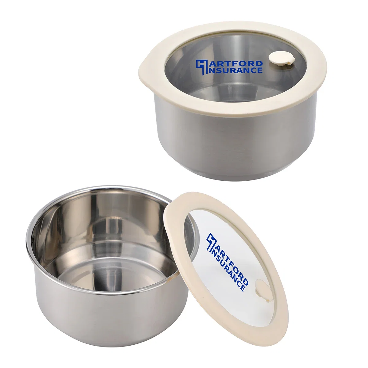 Custom Prima 38 oz Stainless Steel Bowl, front view of the branded bowl with vented glass lid