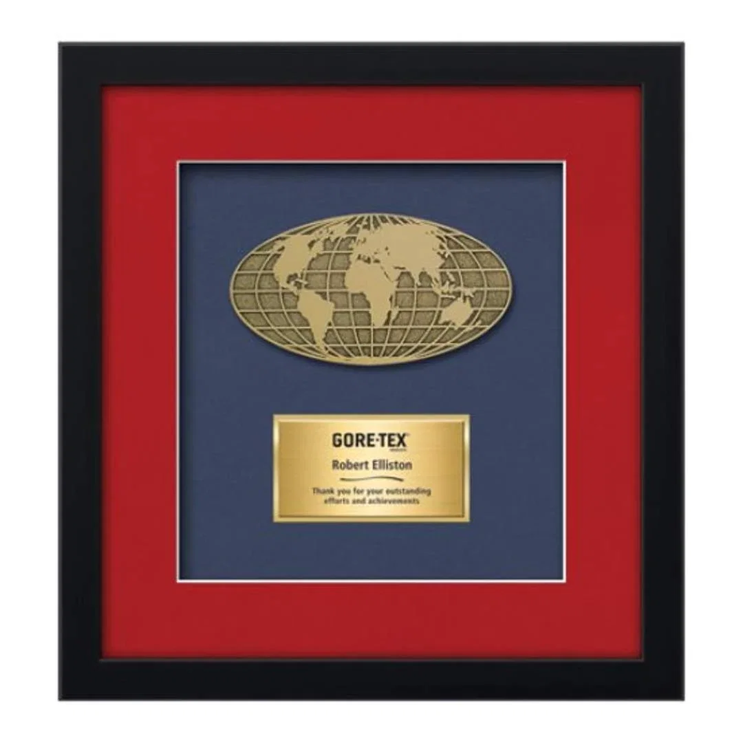 Custom Gold-Plated Cast World Globe Award in Shadow Box With Layered Mattes for employee recognition