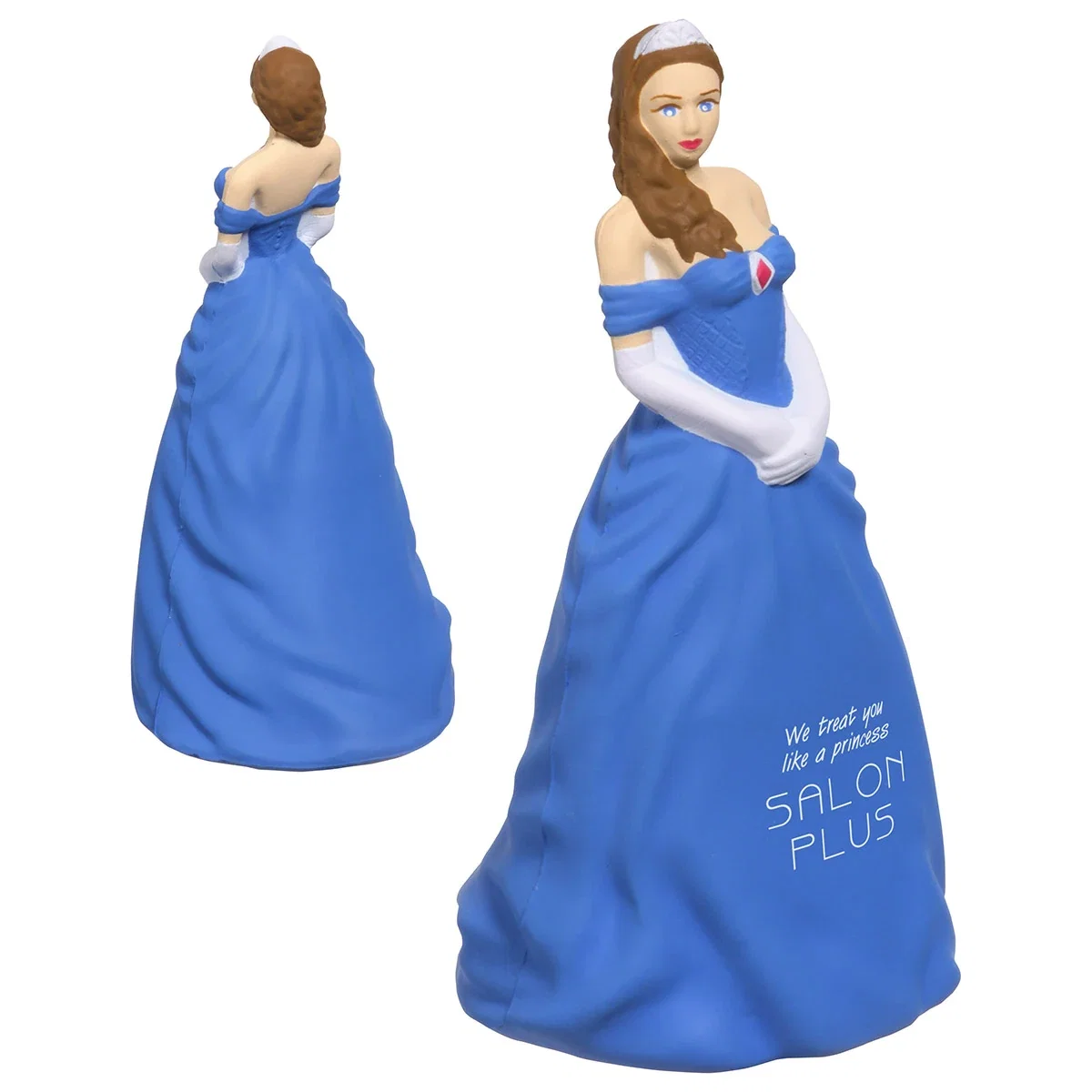 Princess shaped stress reliever with a pad-printed front imprint