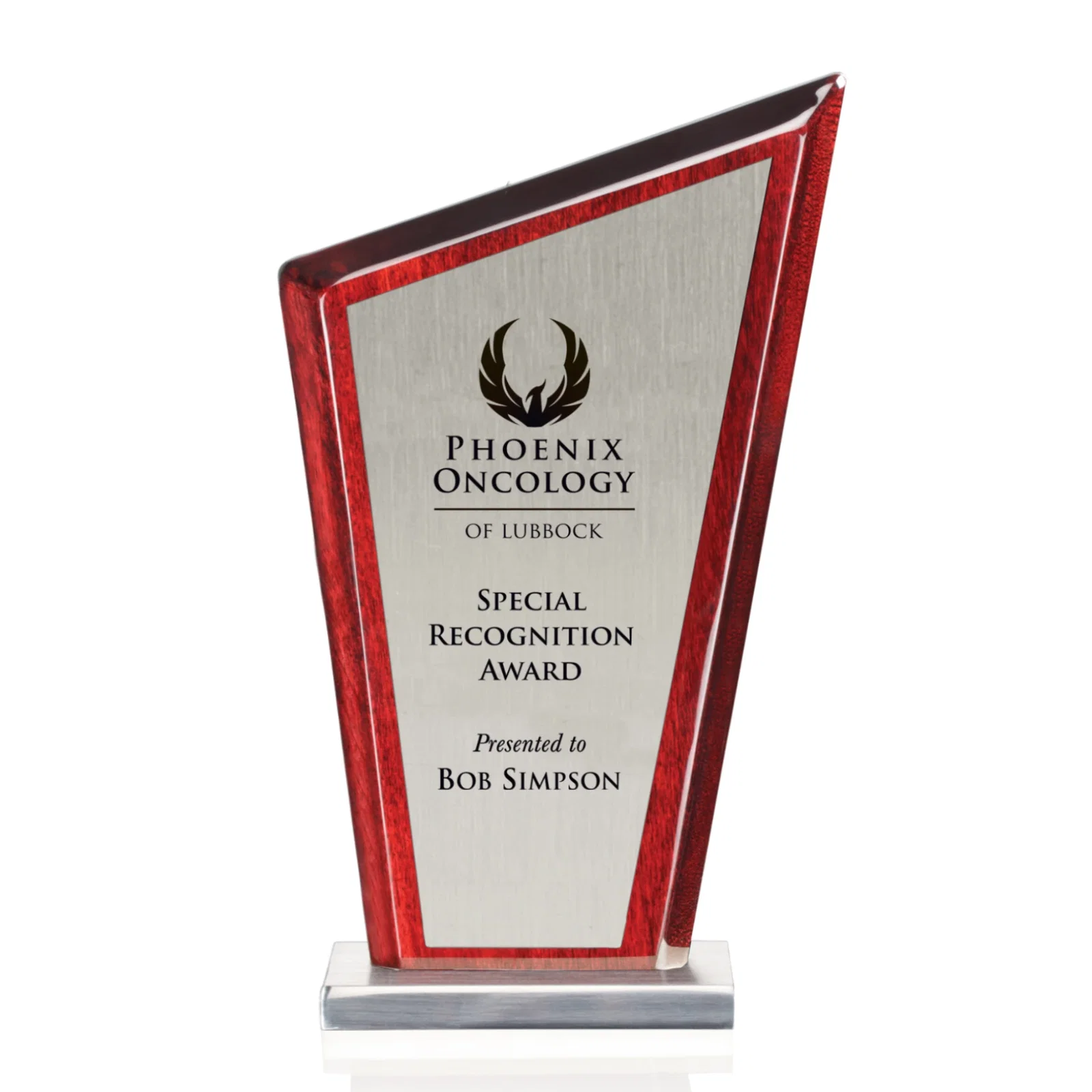 Custom Aluminum and Rosewood Peak Award With Joined Materials for sales achievement awards