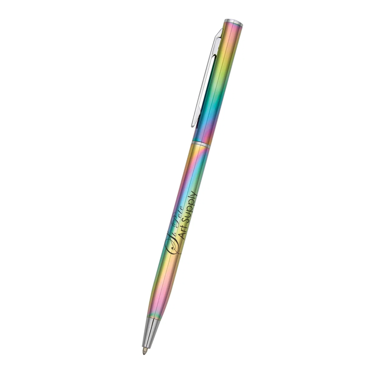 Rainbow colored pen with a pocket clip