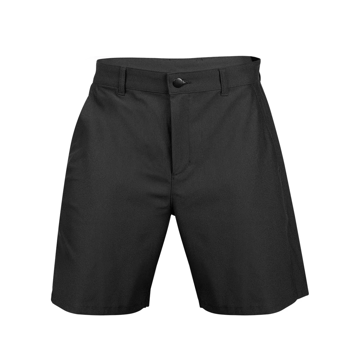 Navy shorts viewed from the side to show the fit