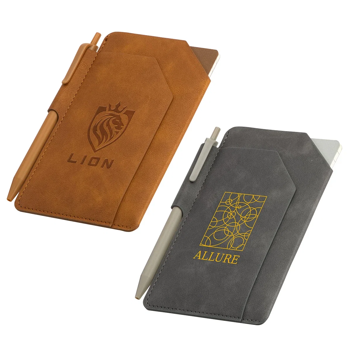 Custom Protege Mini Notebook, front view of the branded notebook with pen and front pocket