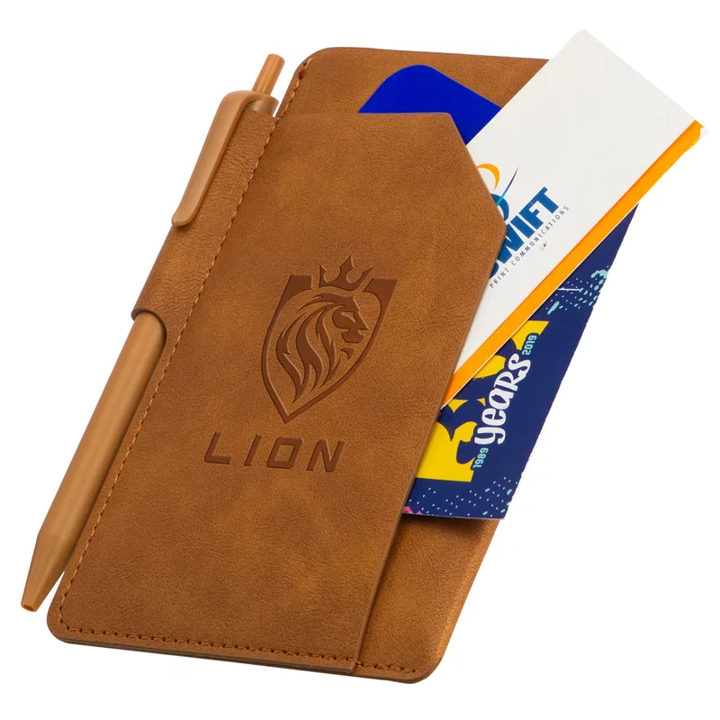 Protege Mini Notebook with pen shown together, promotional notebook lifestyle shot