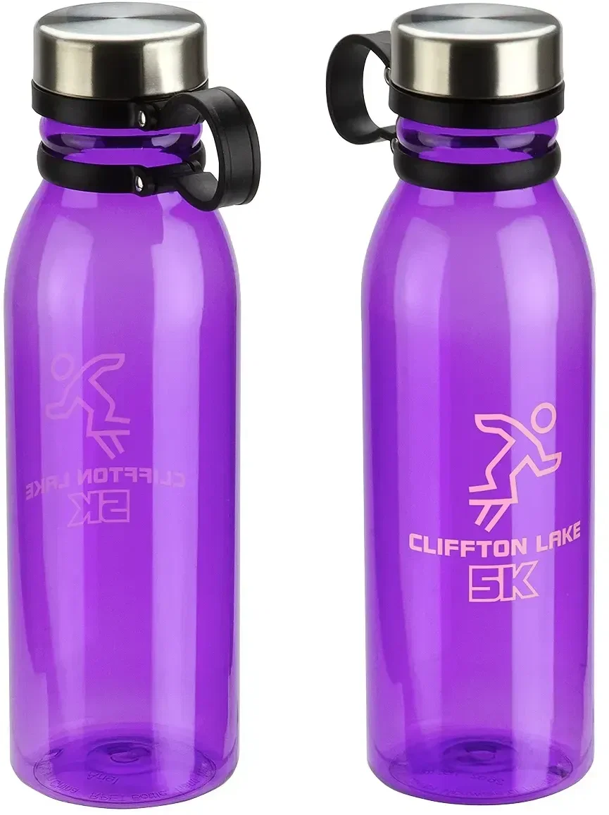 Branded Puebla 26 oz water bottle, side profile of recycled PET body