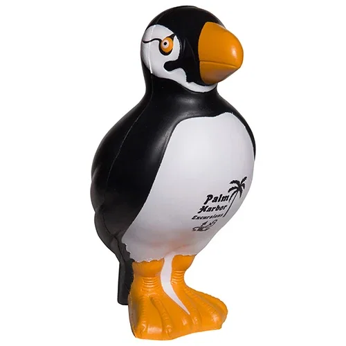 Puffin Stress Reliever custom promotional squeeze toy, close-up of branded puffin toy