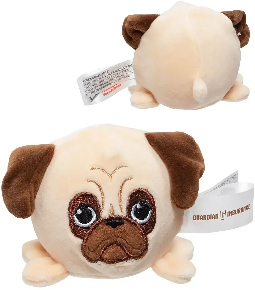 Custom Pug Plush Gel-Bead Stress Buster, front view of the soft branded pug stress toy for logo giveaways