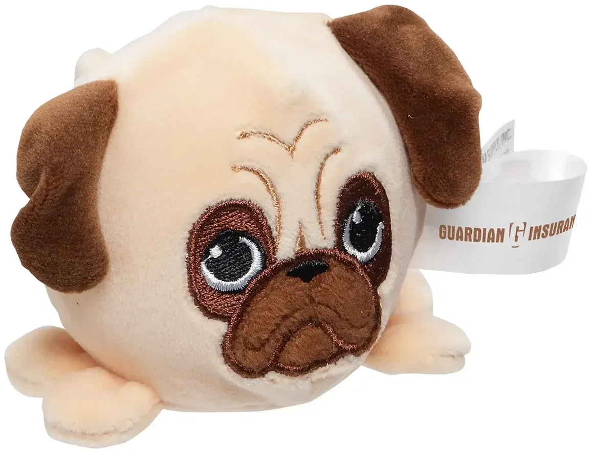 Side profile of the custom Pug Plush Gel-Bead Stress Buster promotional squeeze toy showing its plush cover