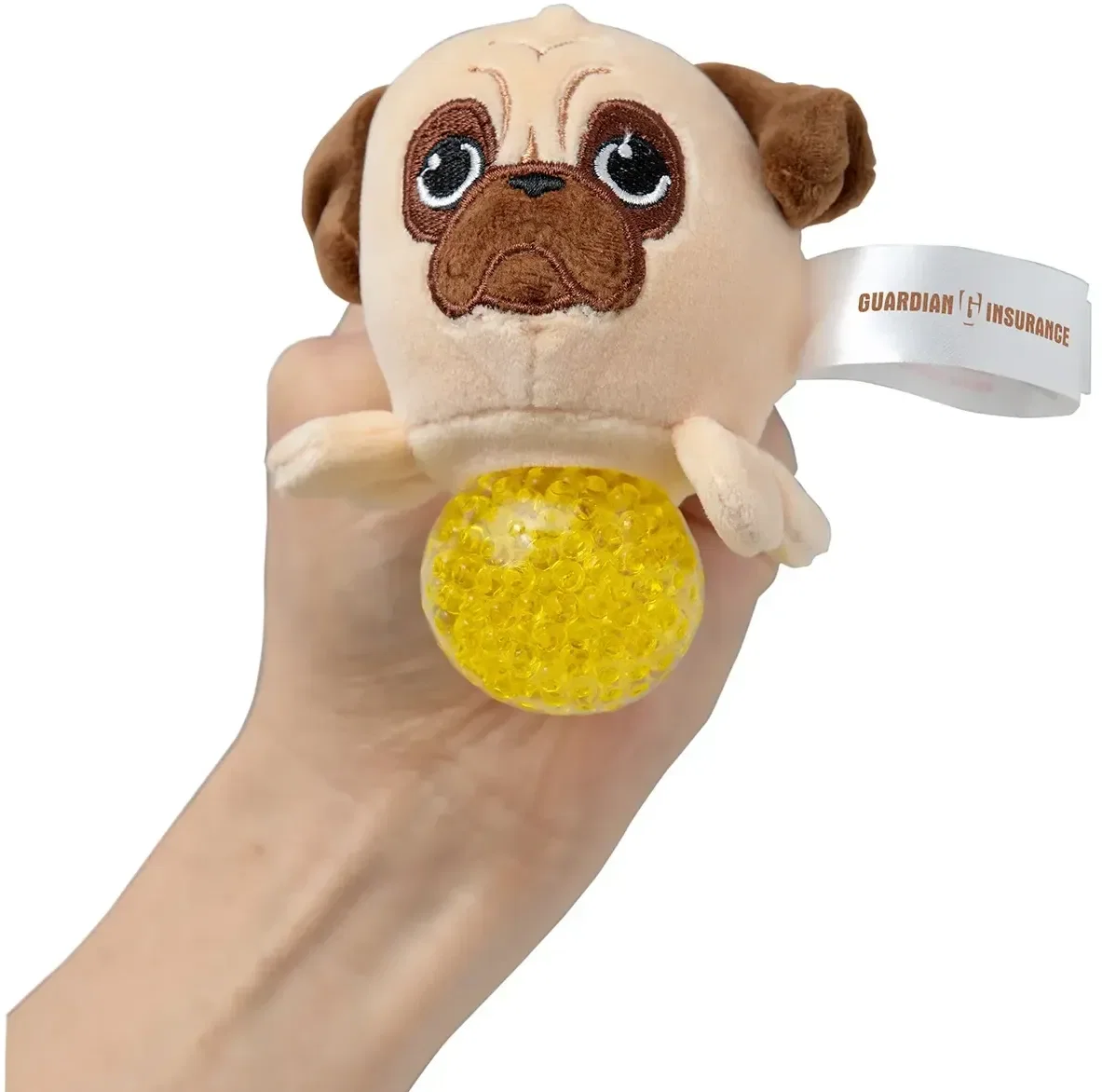 Close-up of the custom Pug Plush Stress Buster imprint area for branded logo giveaways