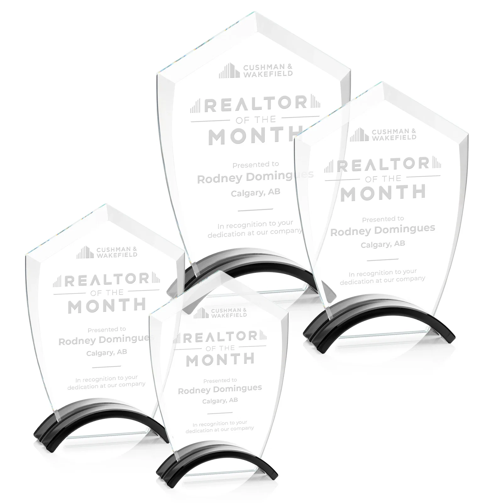 Custom Starfire Crystal Shield Award on Ebony Arch Base, awards for employee recognition