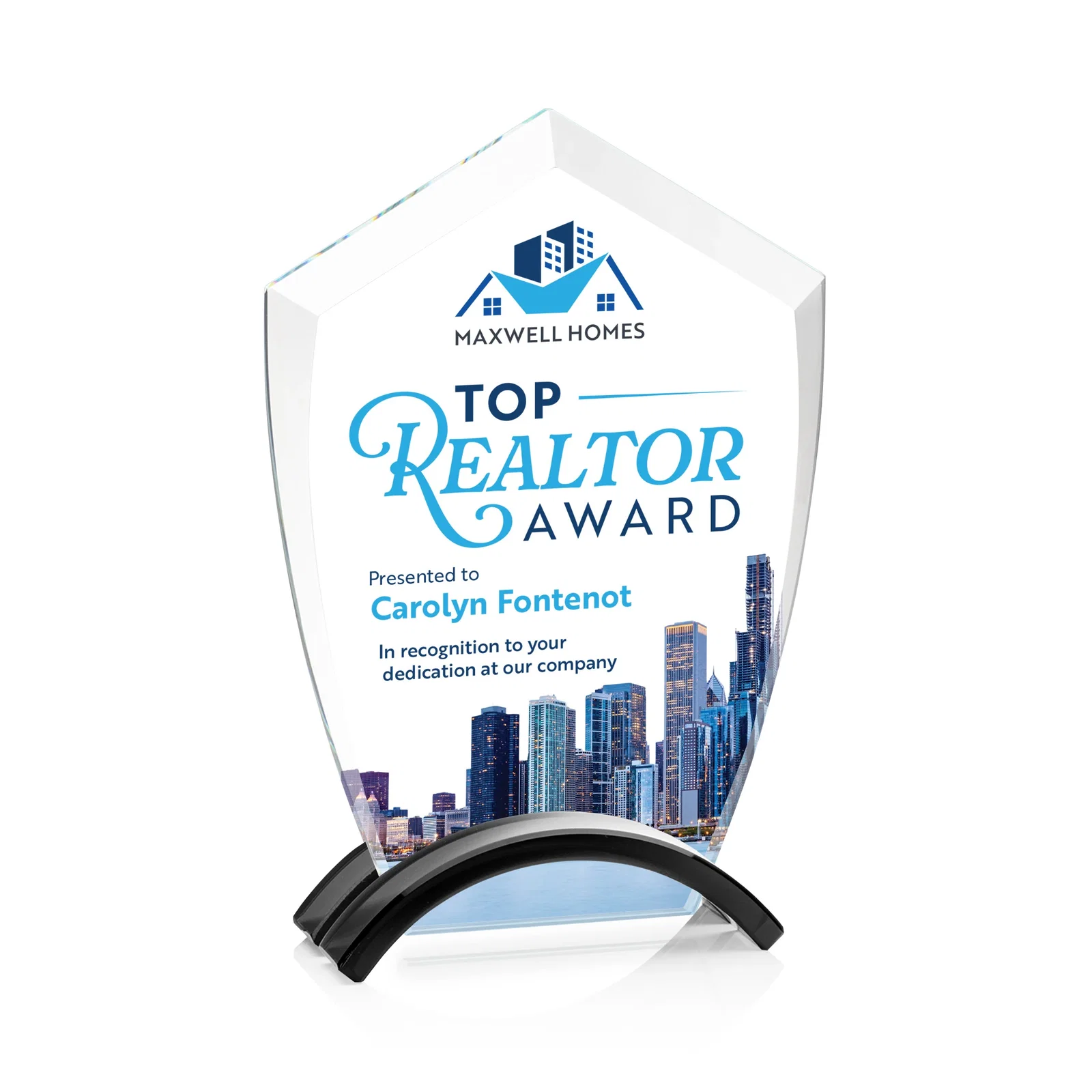 Custom Starfire Crystal Shield Award on Ebony Arch Base, awards for company anniversary events