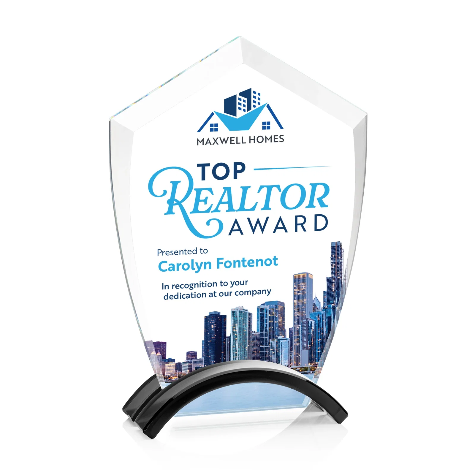 Personalized Starfire Crystal Shield Award on Ebony Arch Base, awards for employee recognition