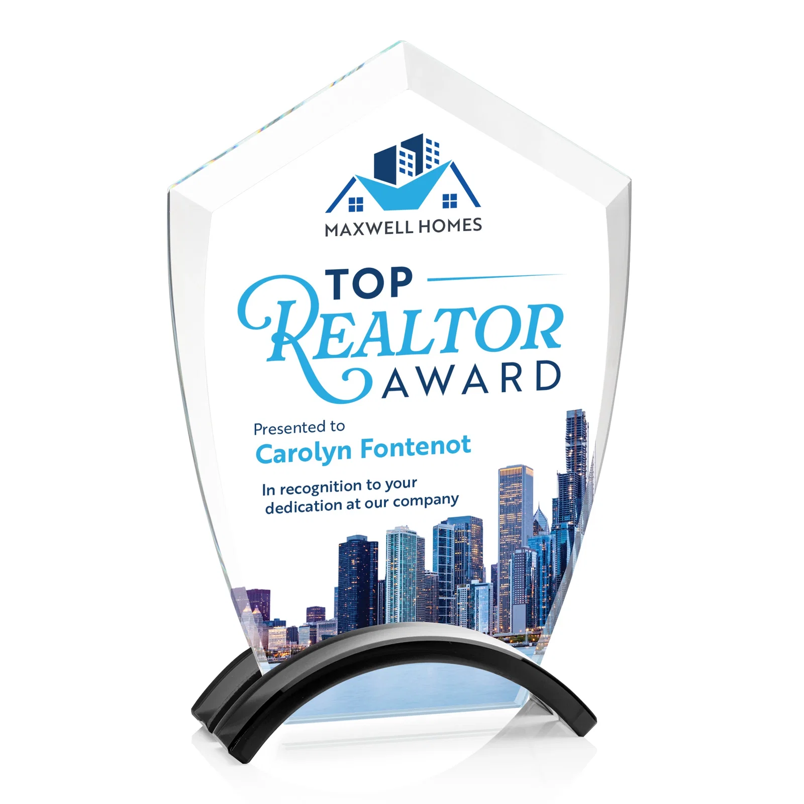 Personalized Starfire Crystal Shield Award on Ebony Arch Base, awards for corporate award ceremonies
