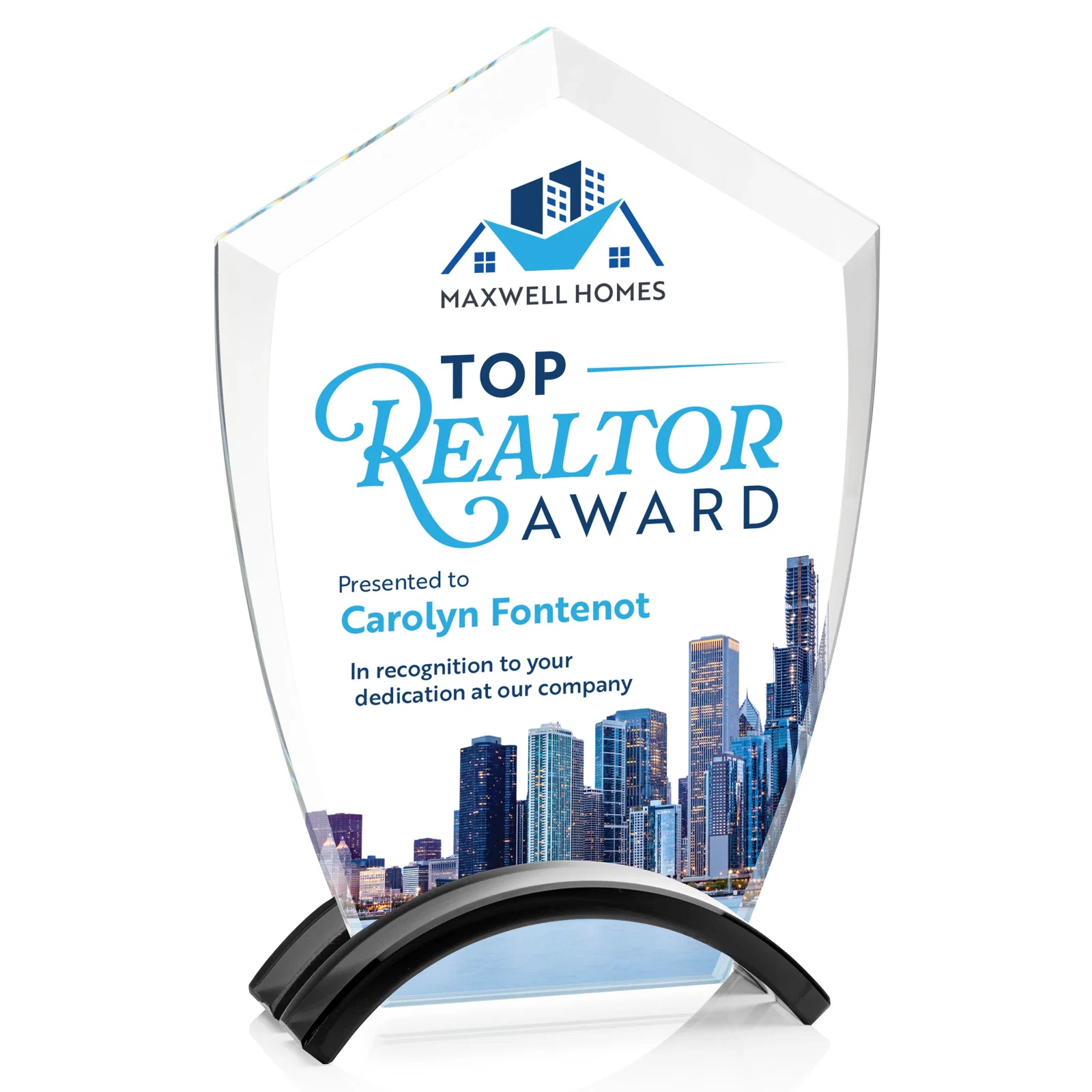 Personalized Starfire Crystal Shield Award on Ebony Arch Base, awards for service anniversary gifts