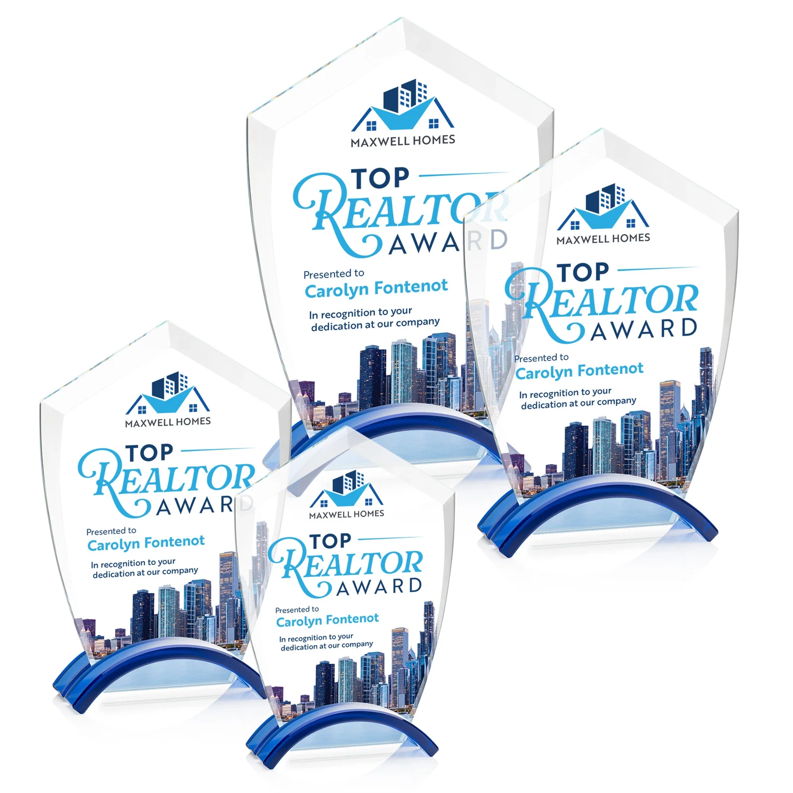 Personalized Starfire Crystal Shield Award on Ebony Arch Base, awards for sales achievement awards