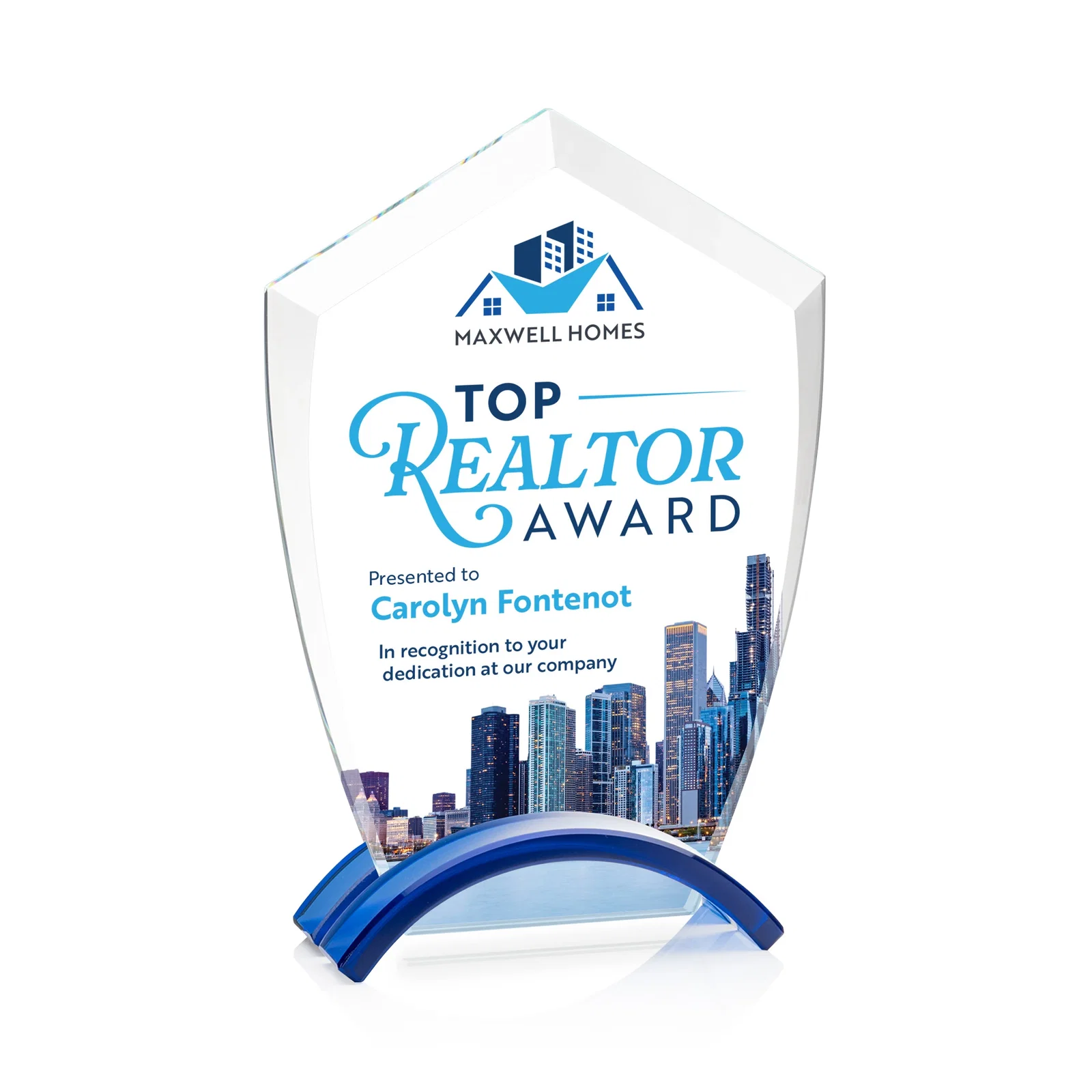 Personalized Starfire Crystal Shield Award on Ebony Arch Base, awards for retirement presentations