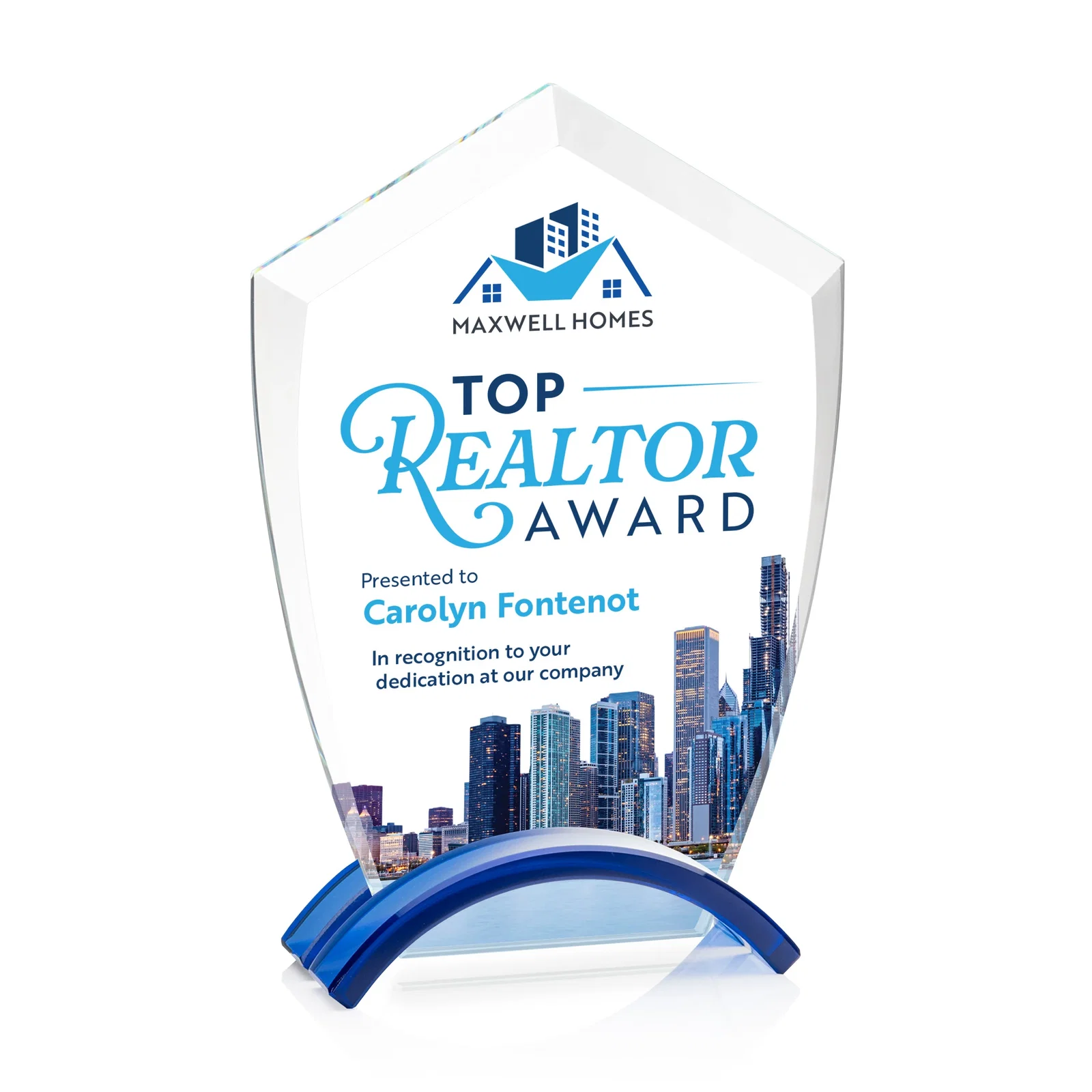 Personalized Starfire Crystal Shield Award on Ebony Arch Base, awards for team milestone celebrations