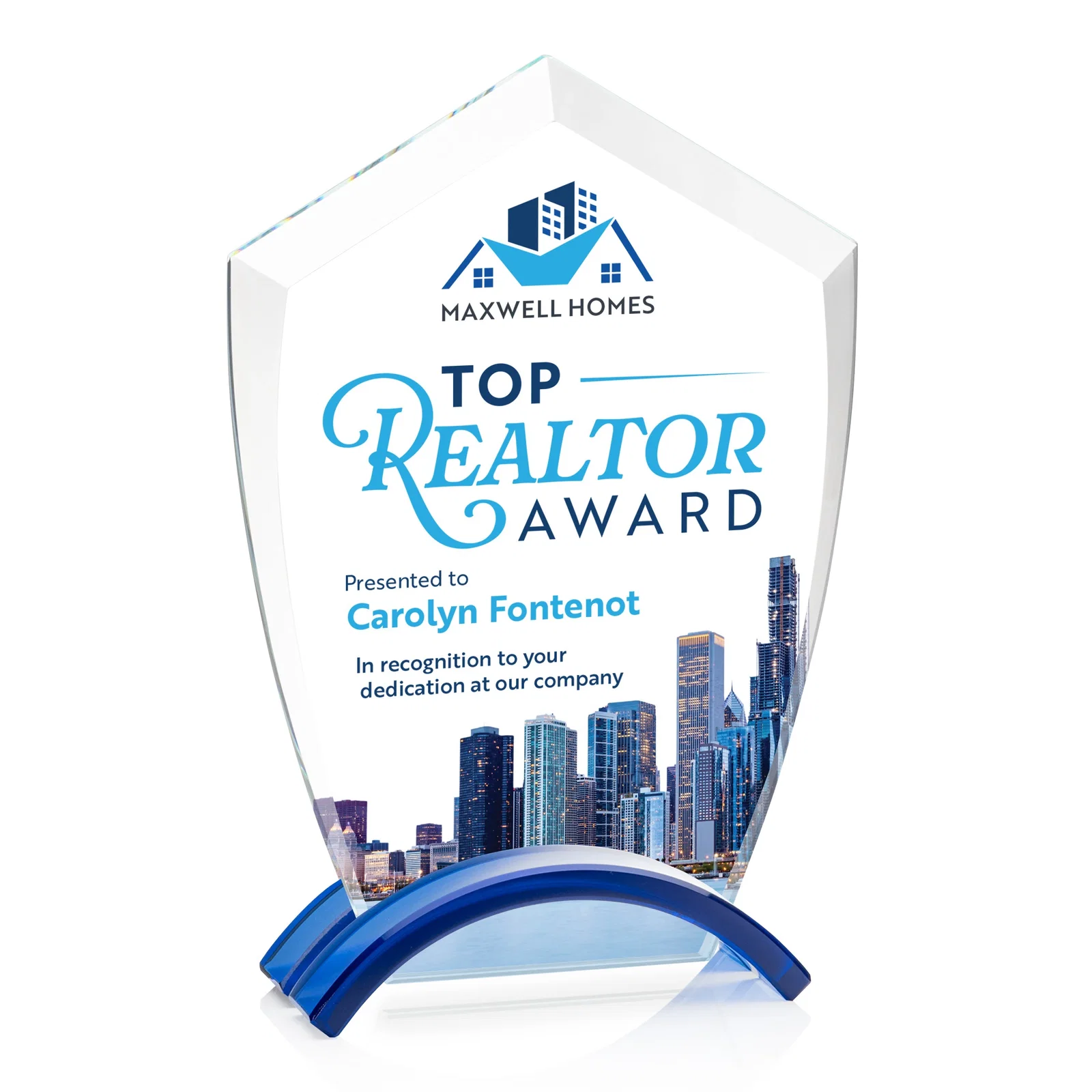 Personalized Starfire Crystal Shield Award on Ebony Arch Base, awards for donor appreciation