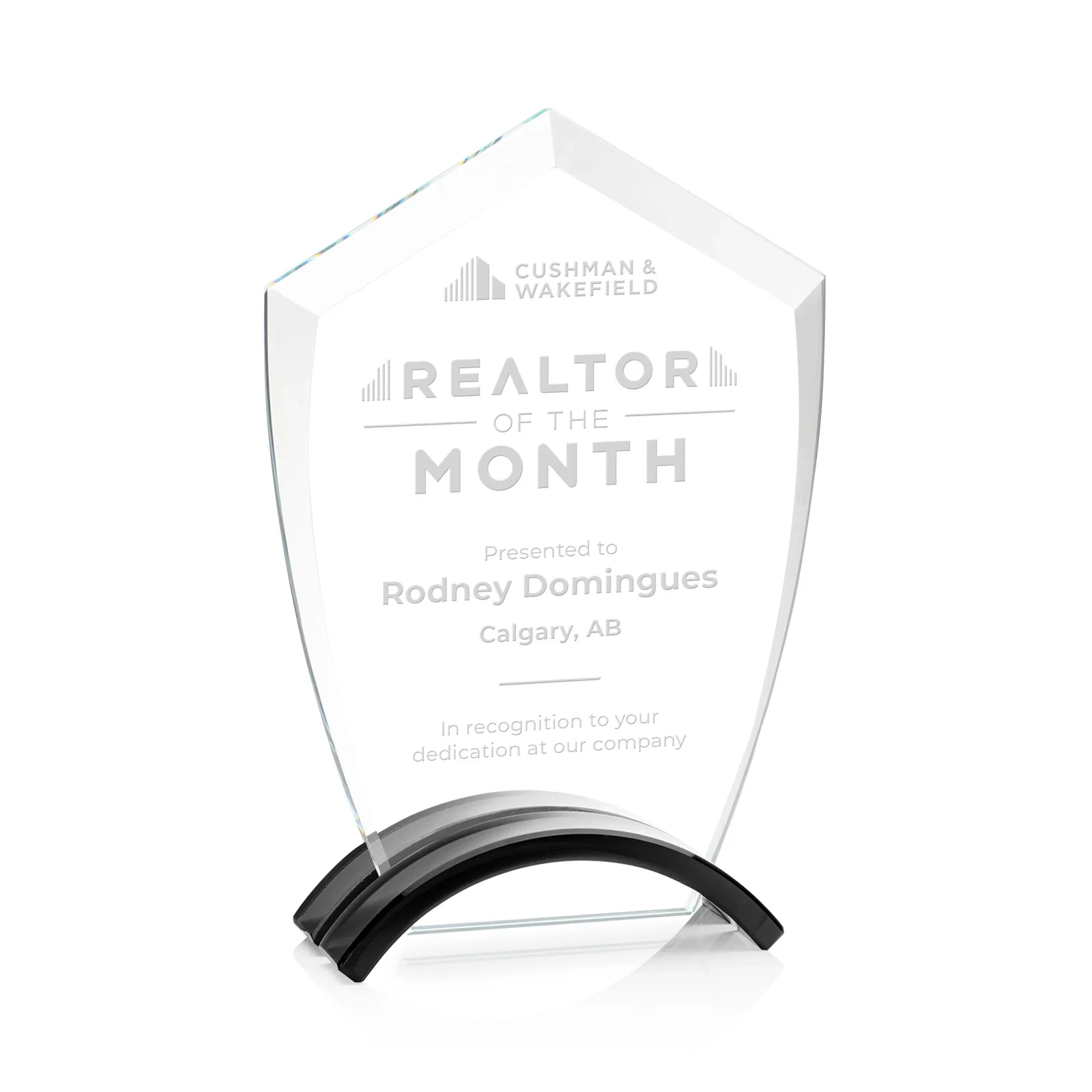 Custom Starfire Crystal Shield Award on Ebony Arch Base, awards for corporate award ceremonies