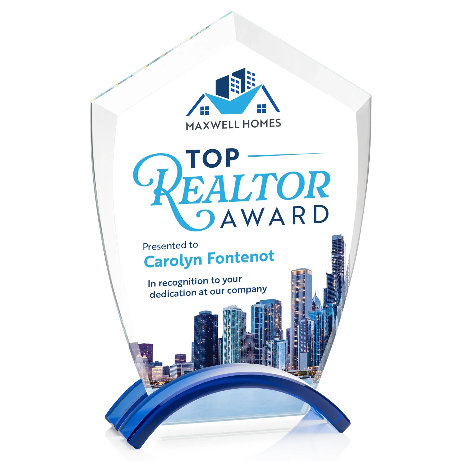 Personalized Starfire Crystal Shield Award on Ebony Arch Base, awards for graduation ceremonies