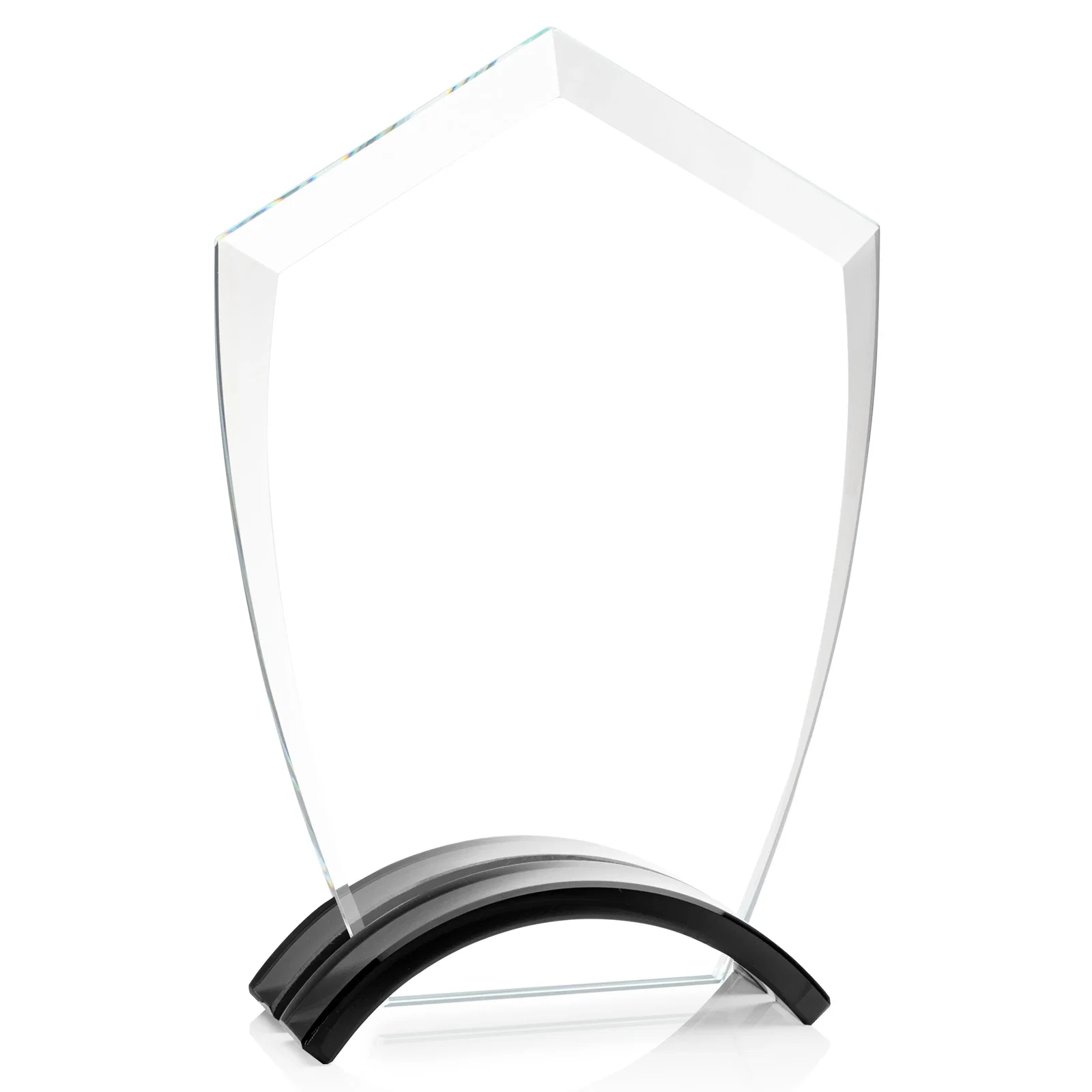 Personalized Starfire Crystal Shield Award on Ebony Arch Base, awards for company anniversary events