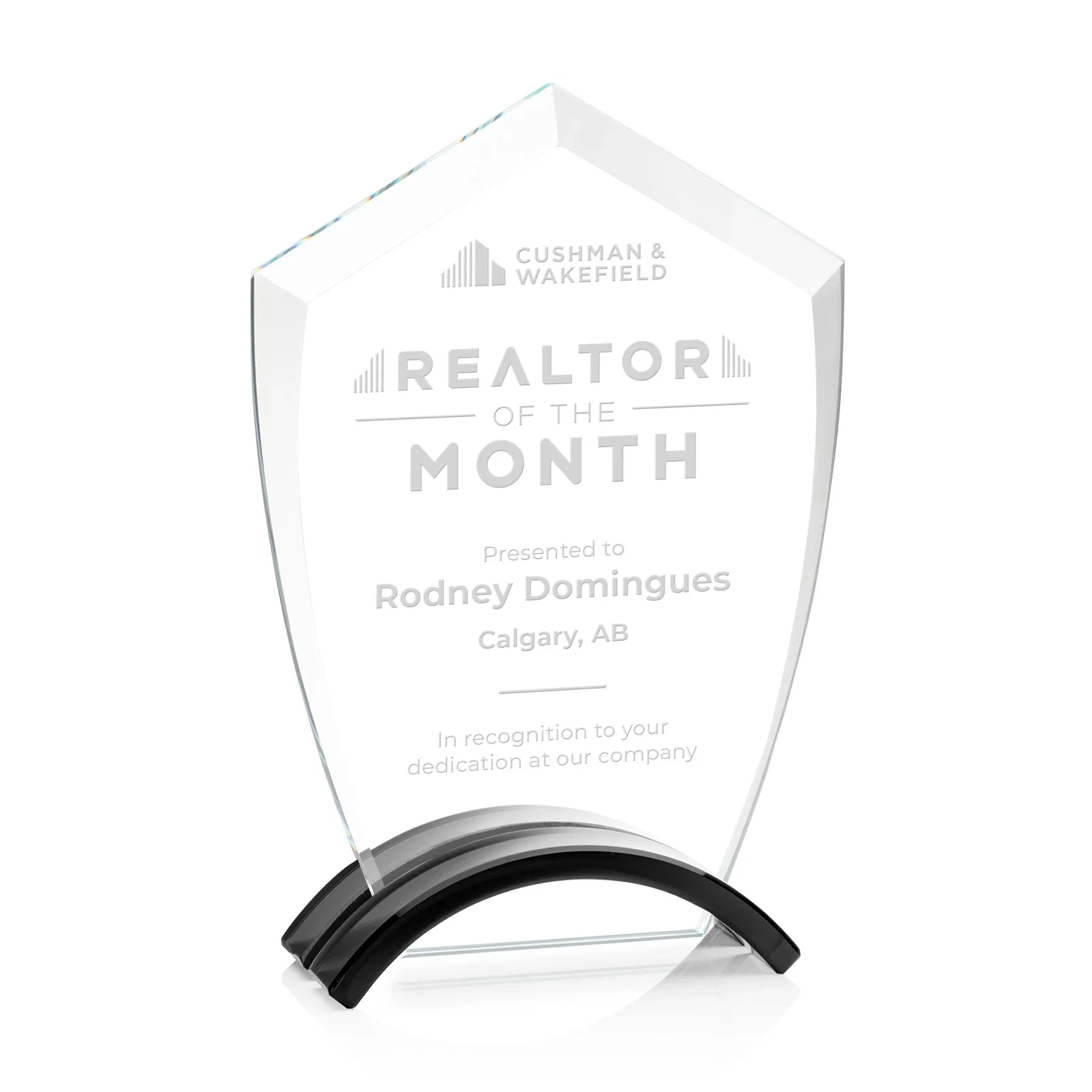 Custom Starfire Crystal Shield Award on Ebony Arch Base, awards for service anniversary gifts