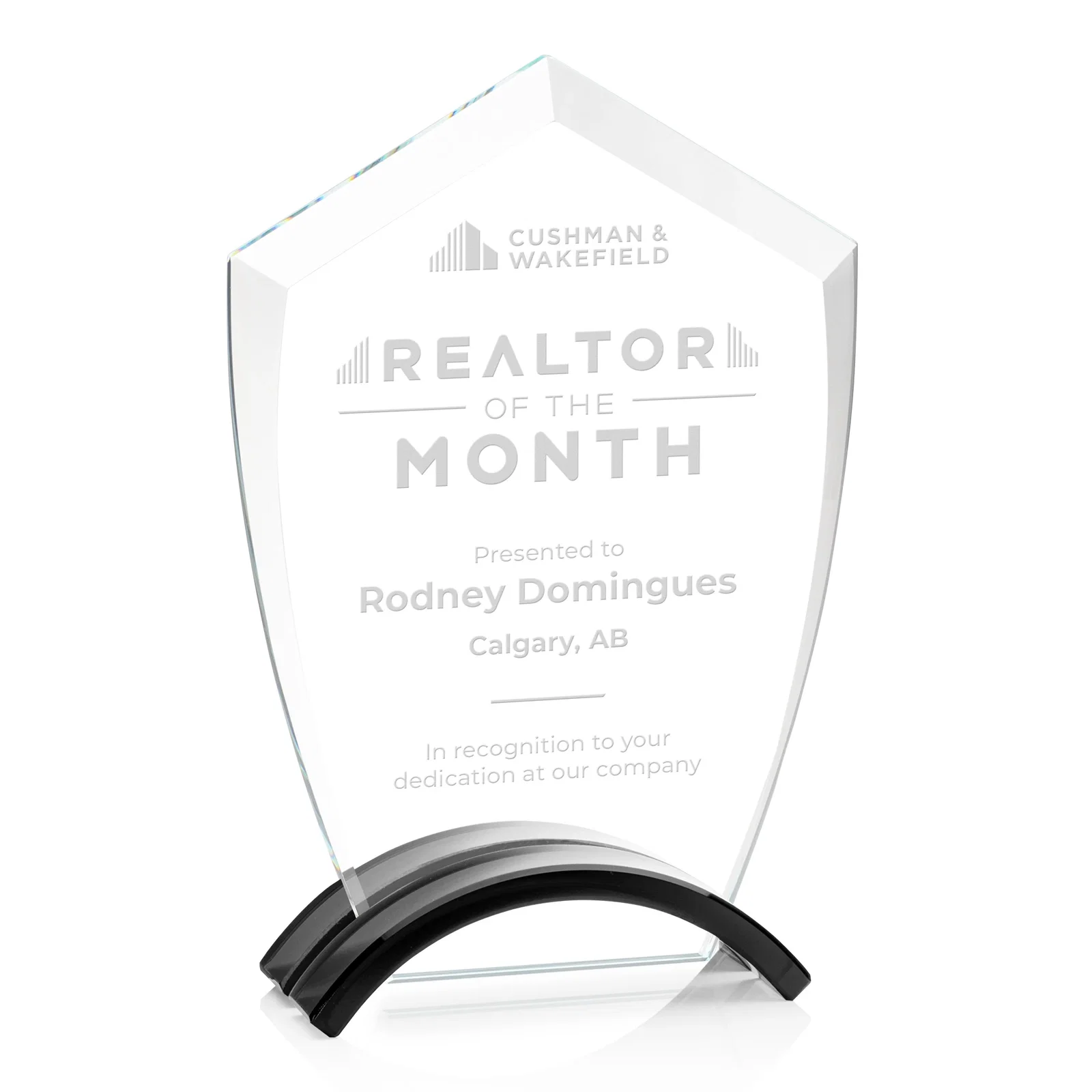 Custom Starfire Crystal Shield Award on Ebony Arch Base, awards for sales achievement awards
