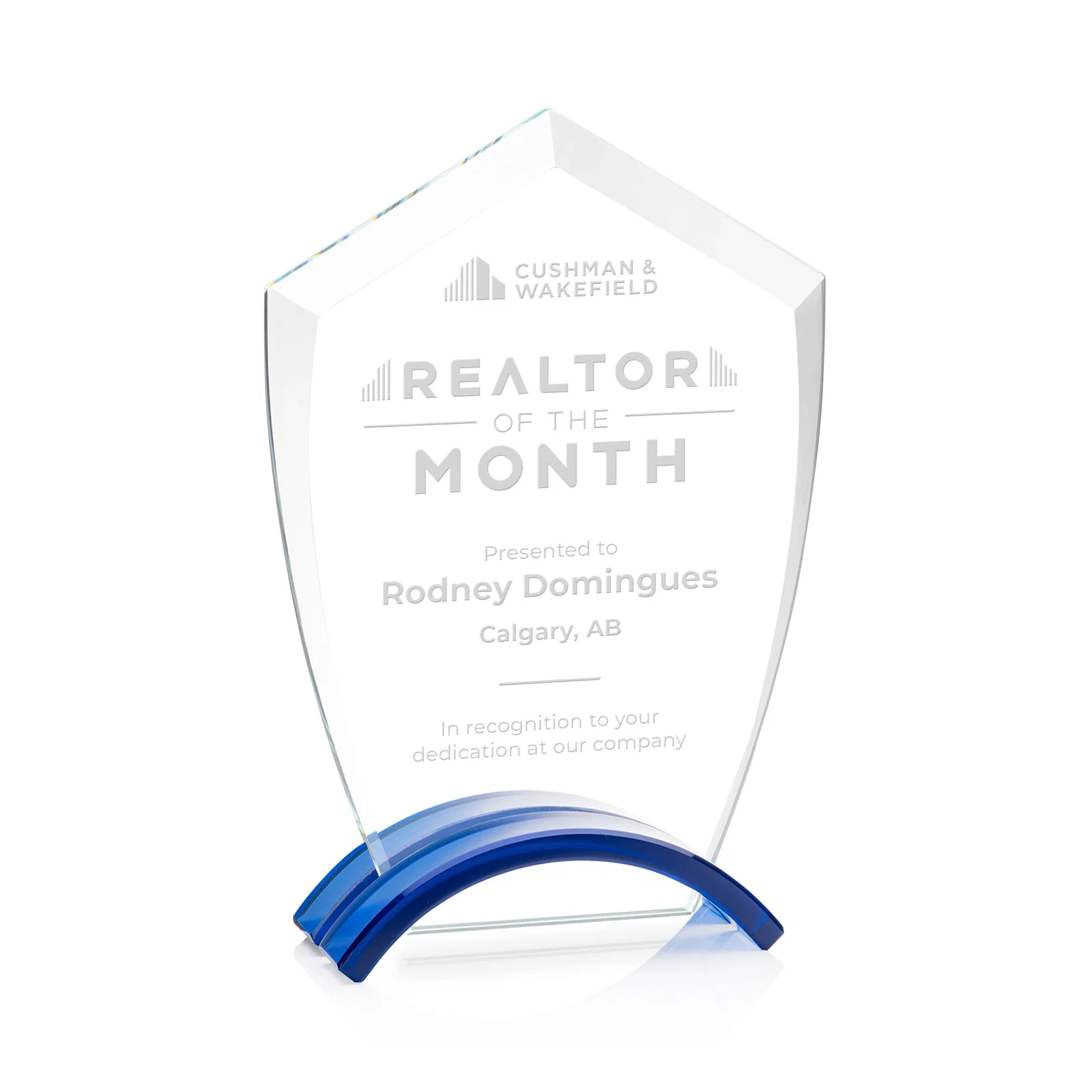 Custom Starfire Crystal Shield Award on Ebony Arch Base, awards for donor appreciation
