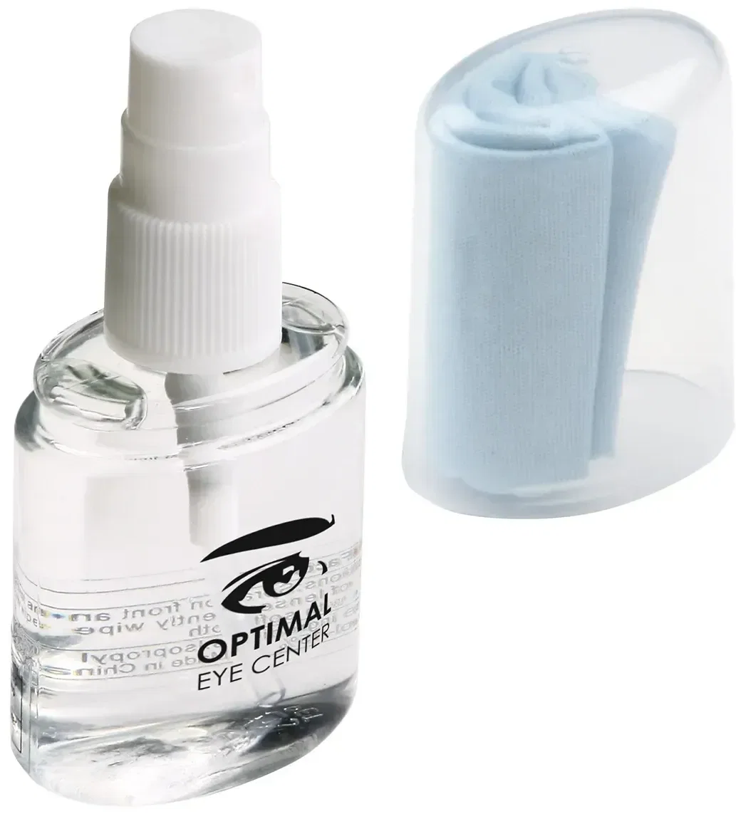 Pump-spray lens cleaner and cloth kit, custom branded eyewear cleaning kit, hero view with logo