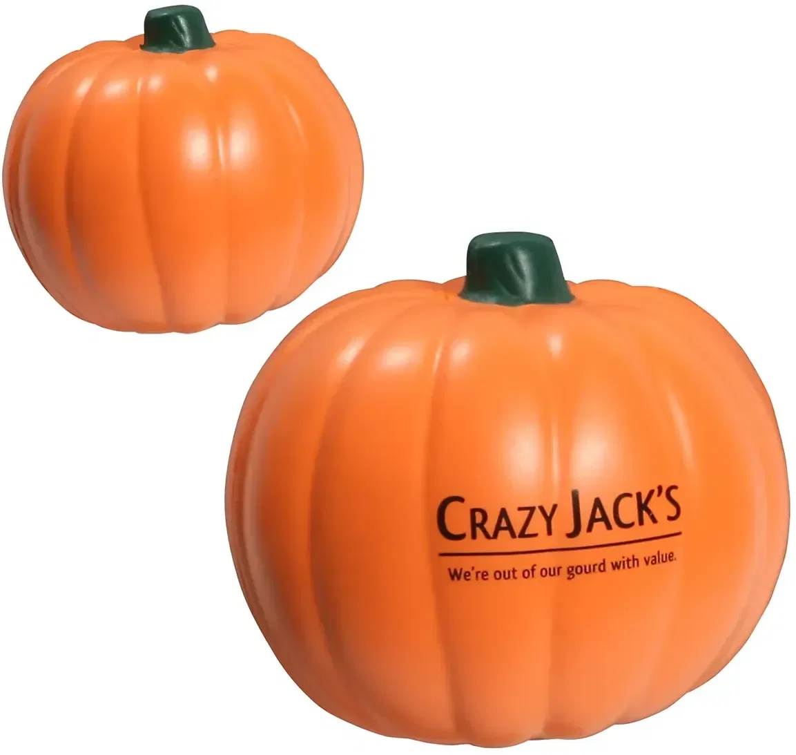 Pumpkin custom stress reliever, ribbed autumn squeeze toy for branded fall promotions, front view
