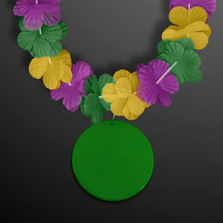 Purple, Green & Gold Flower Lei with Custom Medallion (Non-Light Up) — view 2