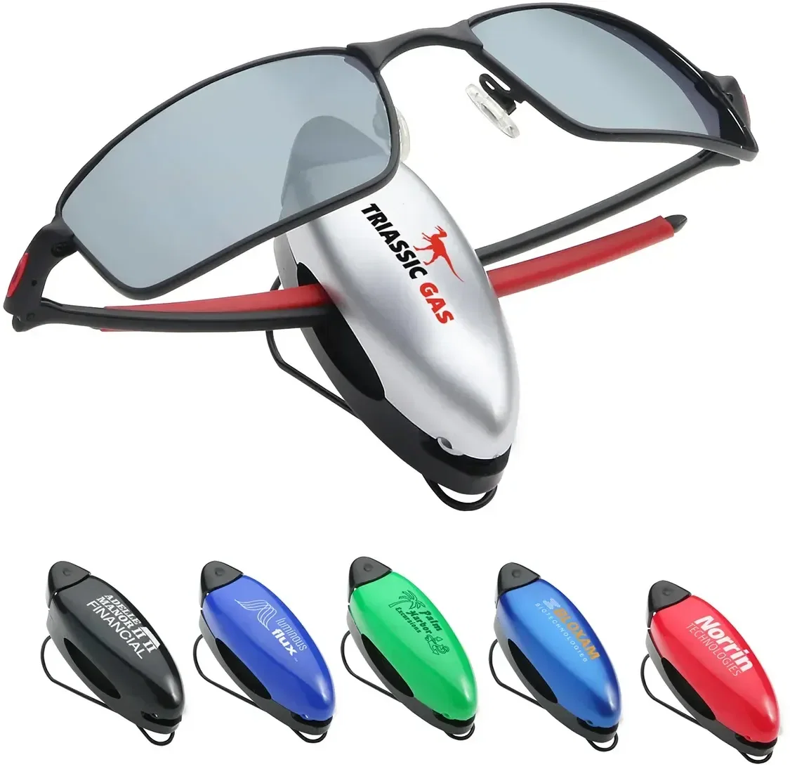 Custom push-button visor sunglasses clip, branded car accessory front view with logo area
