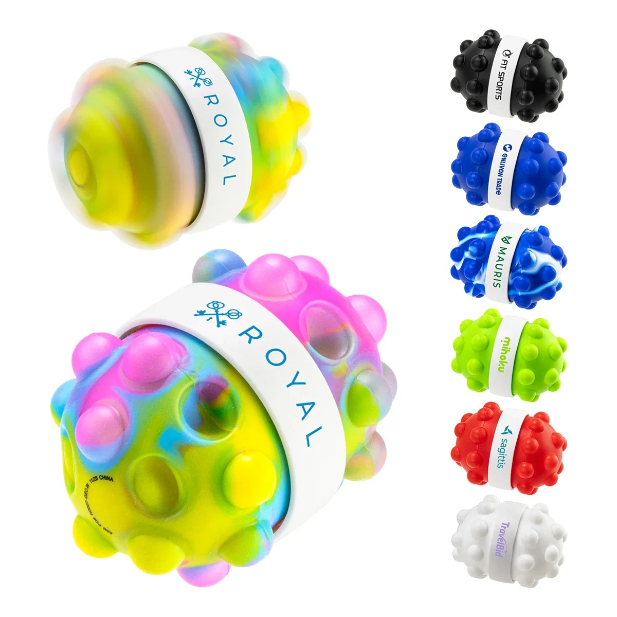 Custom Push Pop and Spinner Ball, front view of the branded fidget toy