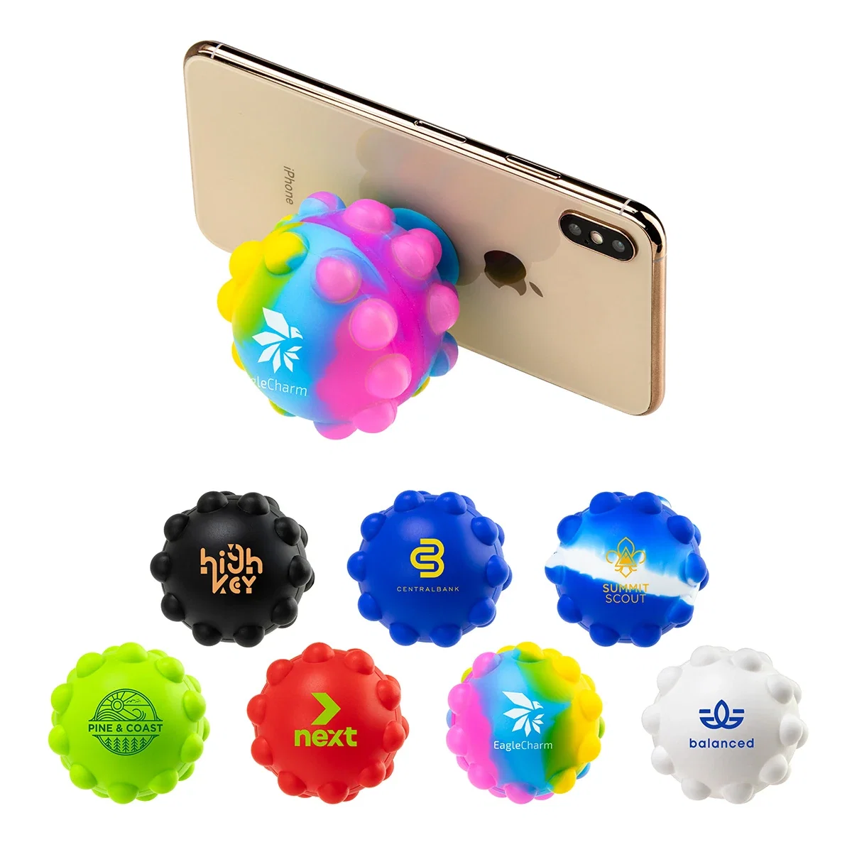 Custom Push Pop Ball Suction Cup Phone Stand, front view of the branded fidget stand