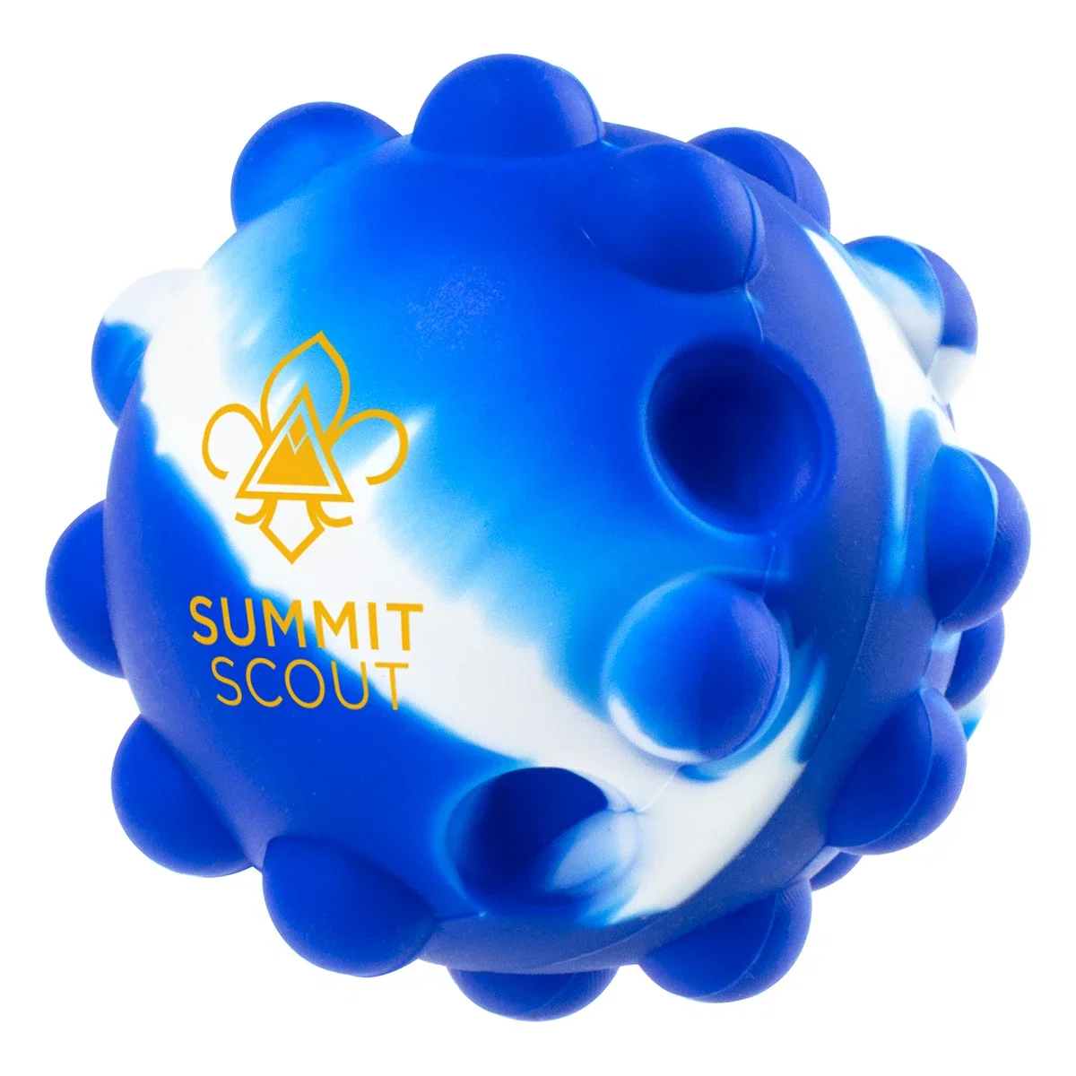 Close-up of the Push Pop Ball's bubble poppers and custom logo imprint