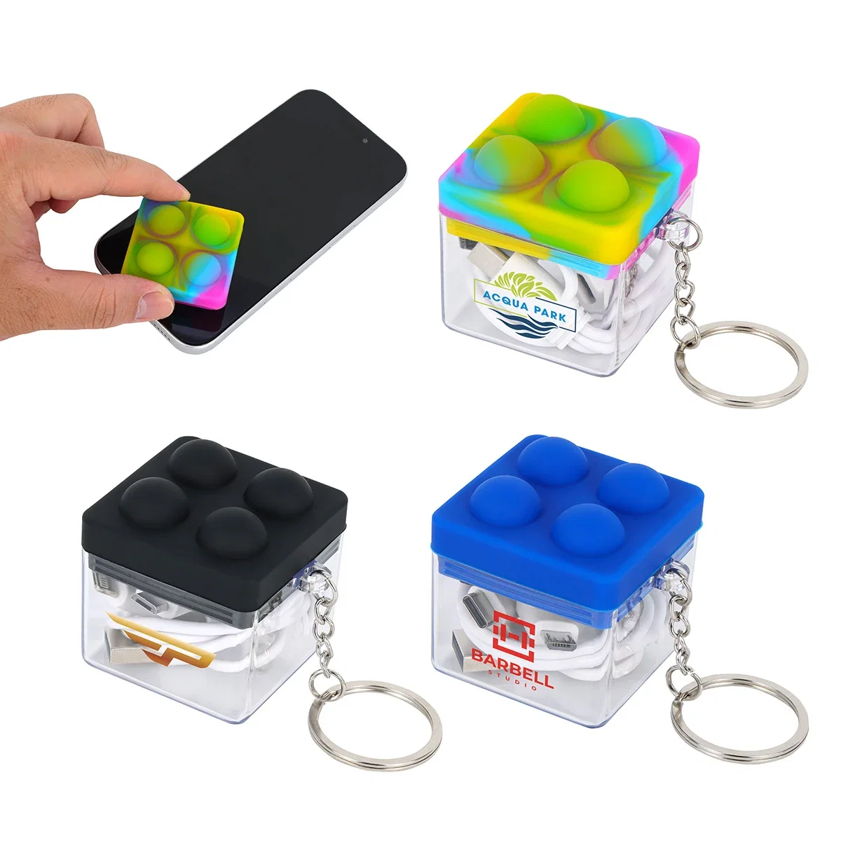 Custom Push Pop Charging Cable with Keyring and Screen Cleaner, front view of the branded accessory