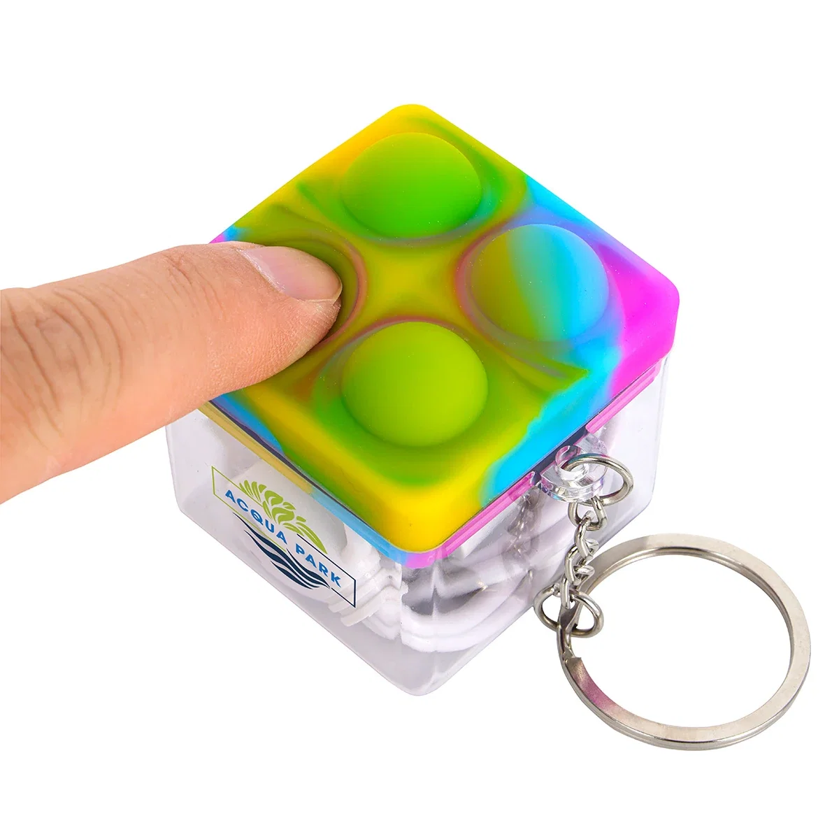 Close-up of the Push Pop Charging Cable's keyring attachment and screen cleaner pad