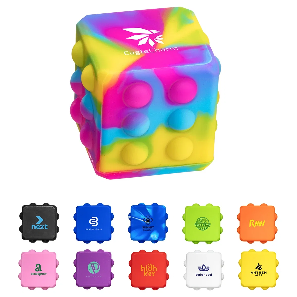 Custom Push Pop Cube, front view of the branded fidget cube