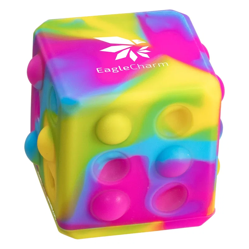 Push Pop Cube shown with some bubble poppers pressed in and others popped out, demonstrating the push-pop mechanism